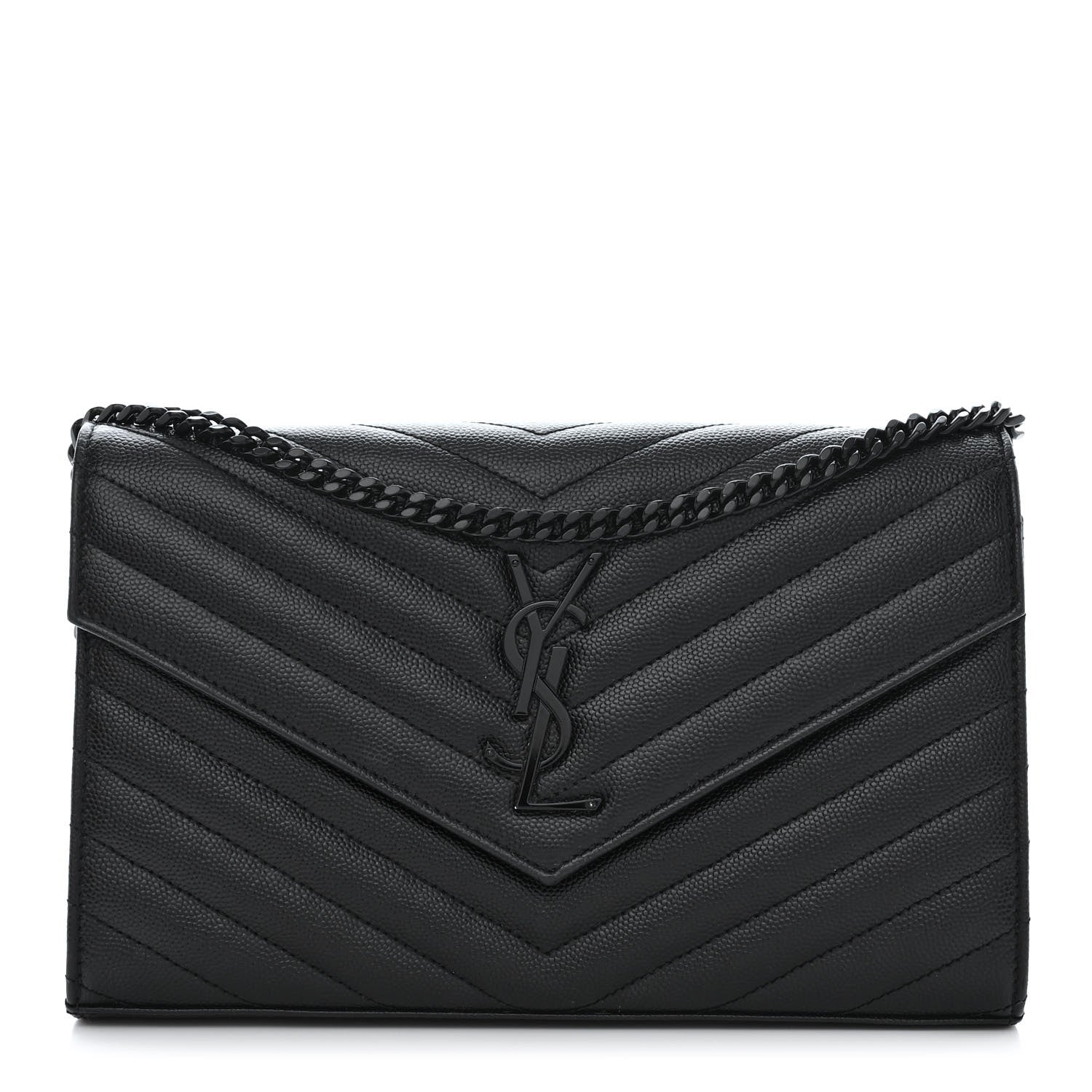 Saint Laurent Grain De Poudre Matelasse Chevron Monogram Monochrome Chain Wallet Black 1 of 10