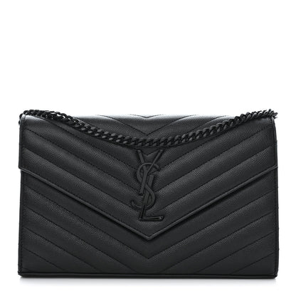Saint Laurent Grain De Poudre Matelasse Chevron Monogram Monochrome Chain Wallet Black 1 of 10
