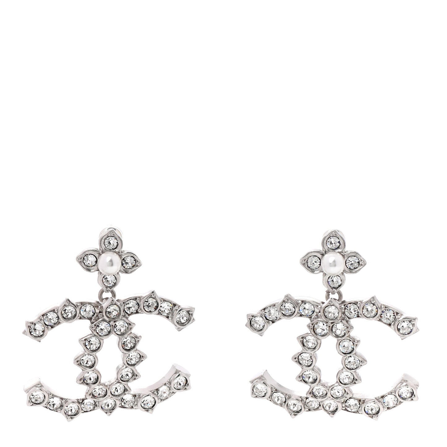 Crystal Pearl CC Drop Earrings Silver