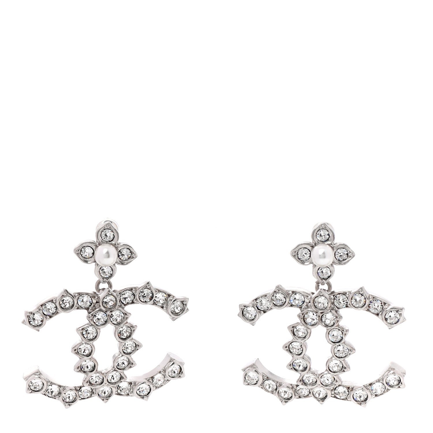 Chanel Crystal Pearl CC Drop Earrings Silver 1 of 4