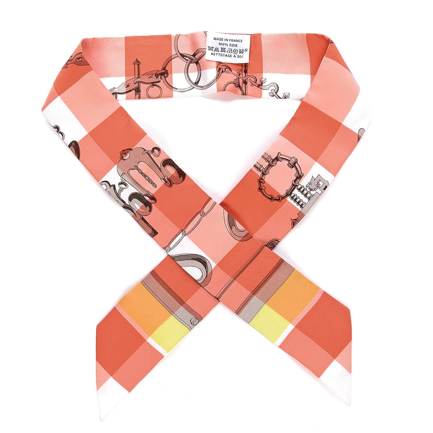 Hermes Silk Mors Et Gourmettes Vichy Twilly Saumon Citron Blanc 1 of 5