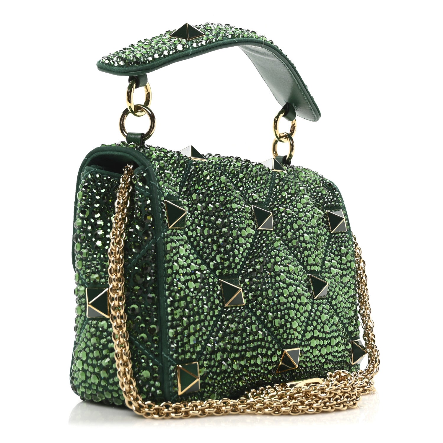 Valentino Garavani Crystal Suede Enamel Medium Roman Stud Shoulder Bag Green 3 of 9