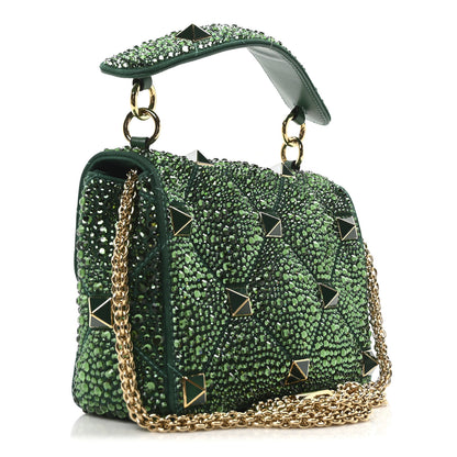 Valentino Garavani Crystal Suede Enamel Medium Roman Stud Shoulder Bag Green 3 of 9