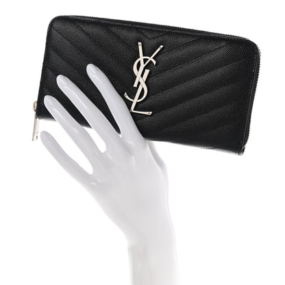 Saint Laurent Grain De Poudre Matelasse Chevron Monogram Zip Around Wallet Black 2 of 10