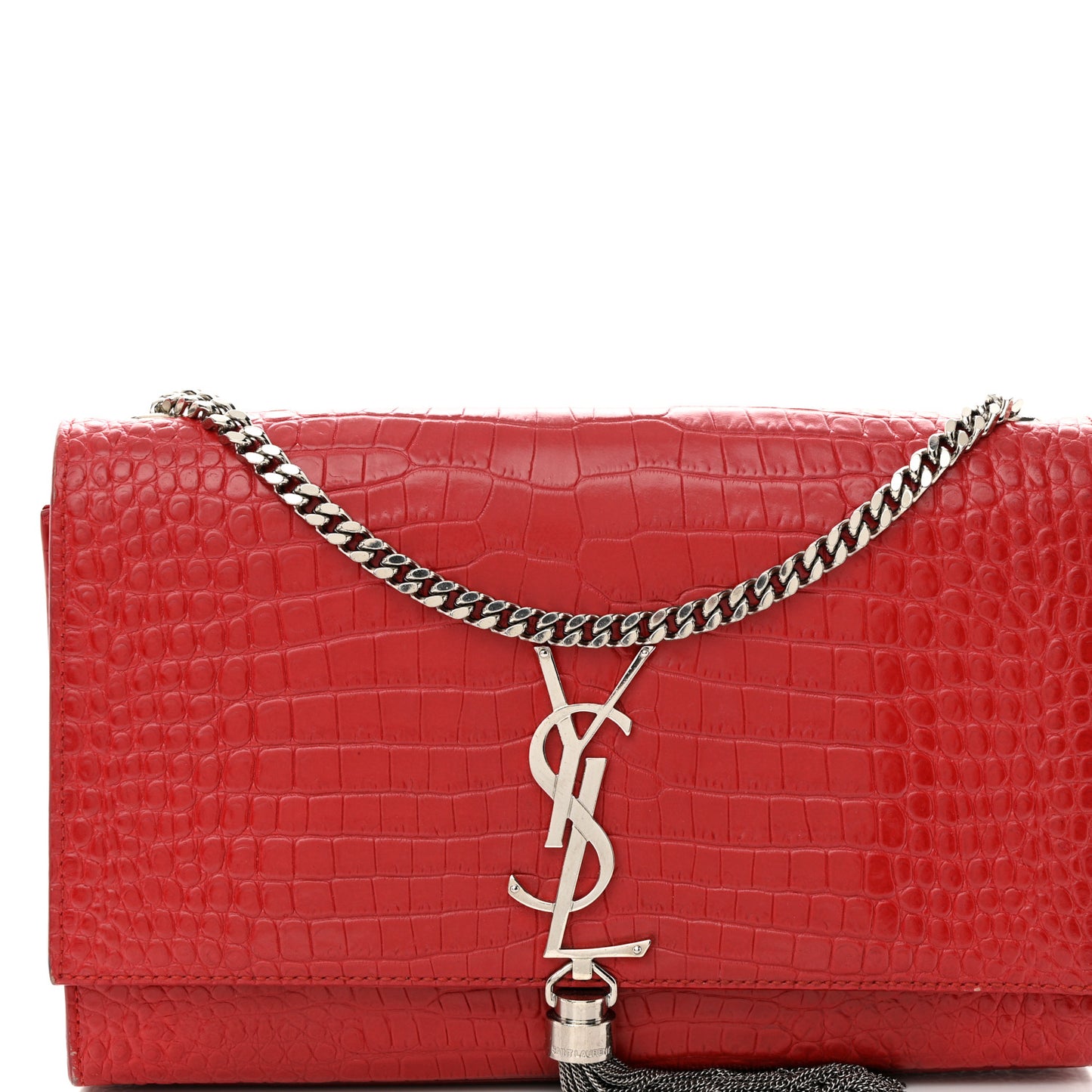Calfskin Crocodile Embossed Medium Classic Monogram Kate Tassel Satchel New Red