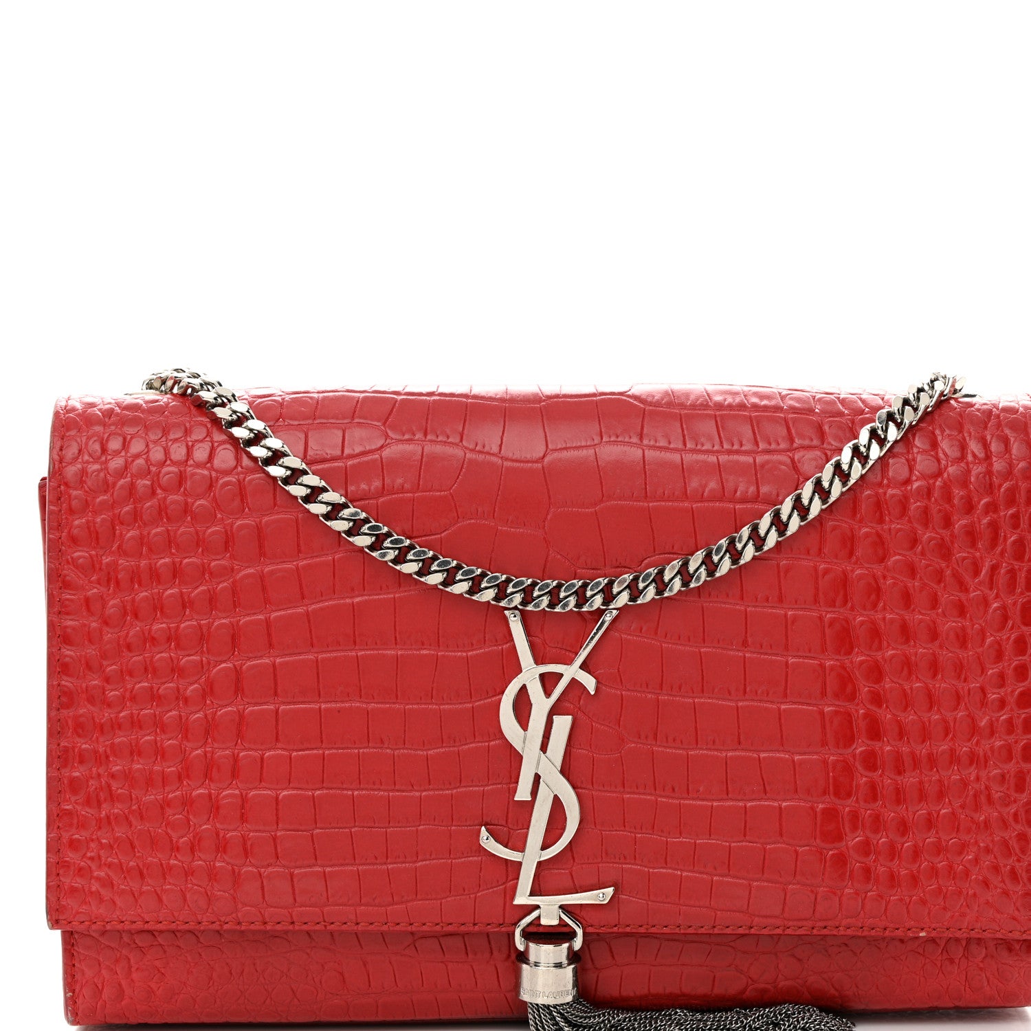 Saint Laurent Calfskin Crocodile Embossed Medium Classic Monogram Kate Tassel Satchel New Red 7 of 11