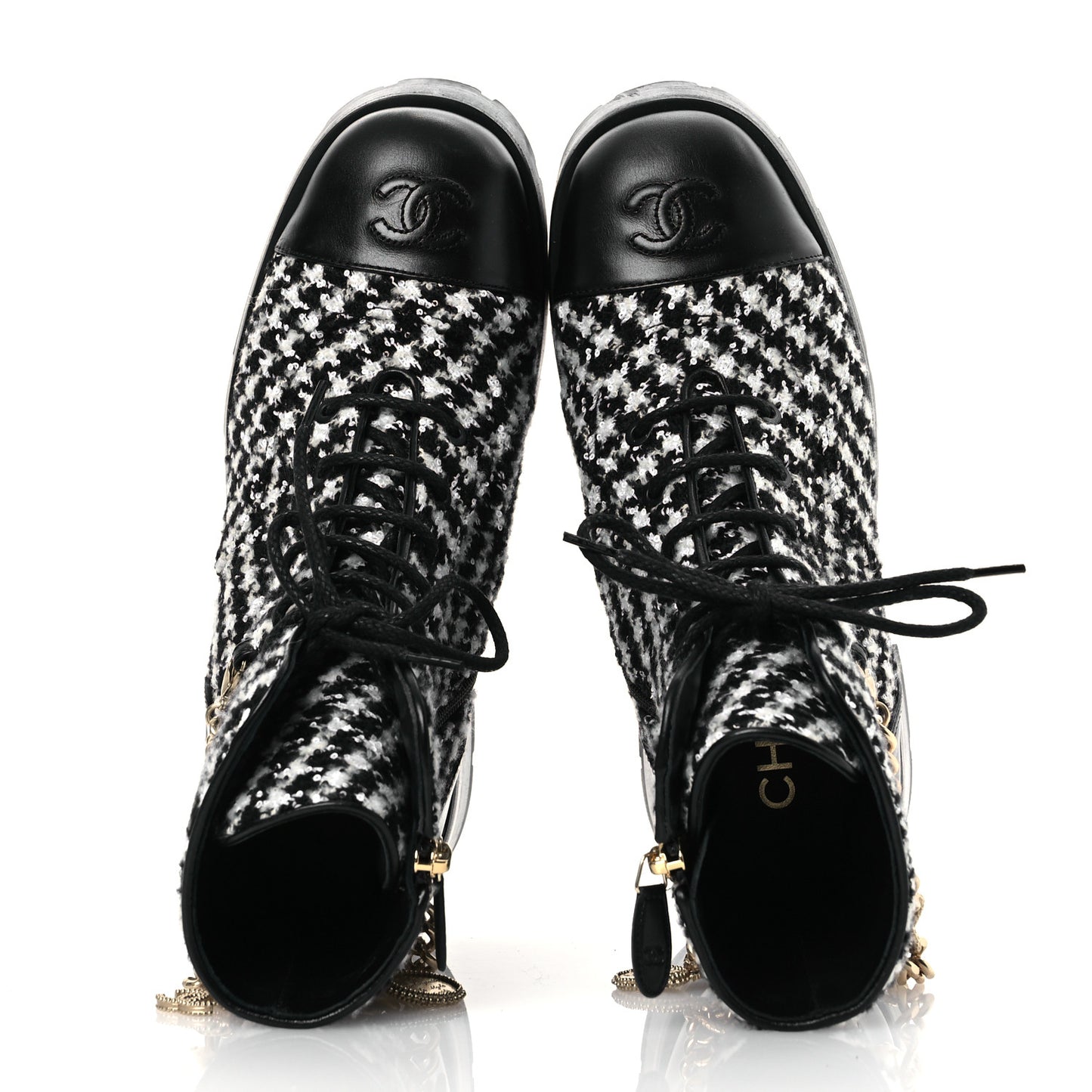 Wool Tweed Calfskin Chain Lace Up Combat Boots 38 Black White