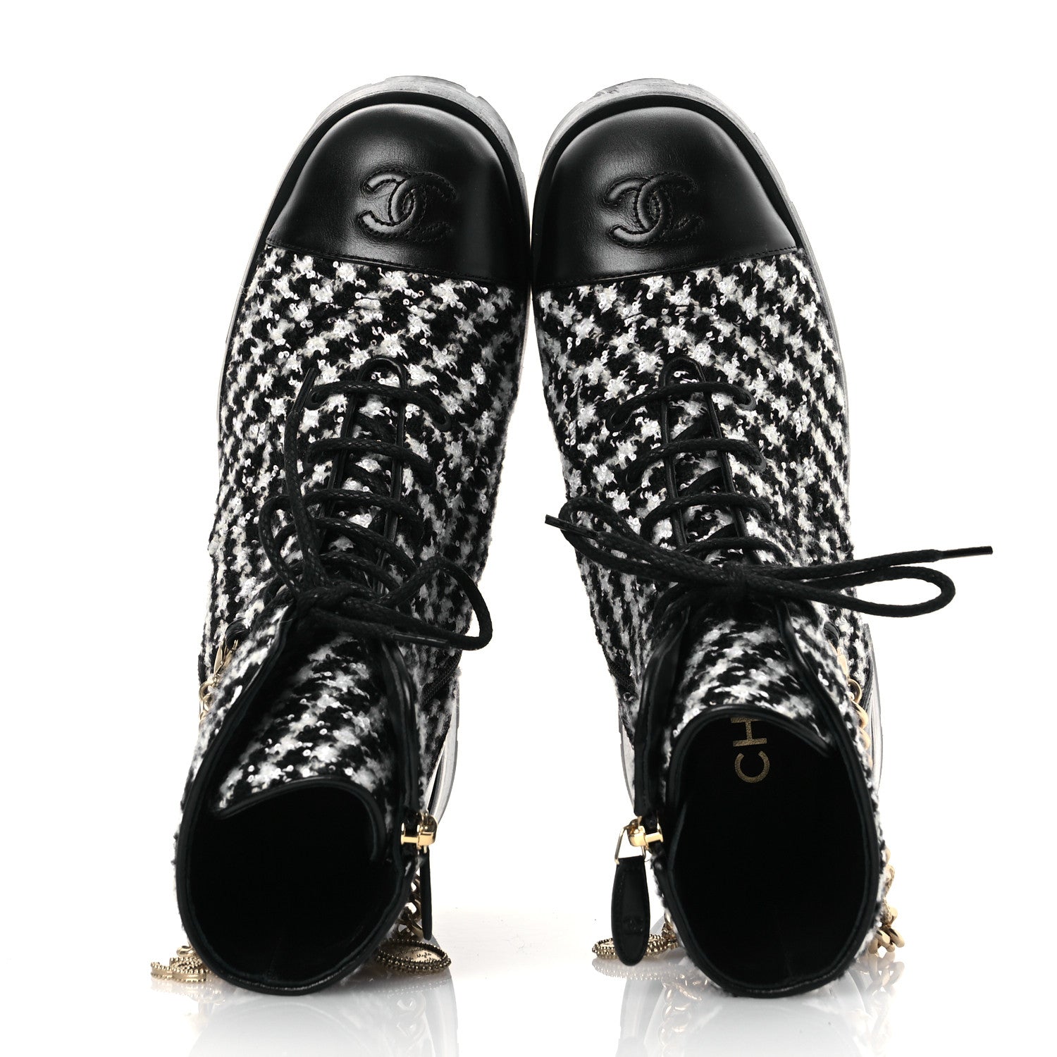 Chanel Wool Tweed Calfskin Chain Lace Up Combat Boots 38 Black White 2 of 11