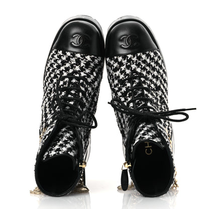 Chanel Wool Tweed Calfskin Chain Lace Up Combat Boots 38 Black White 2 of 11