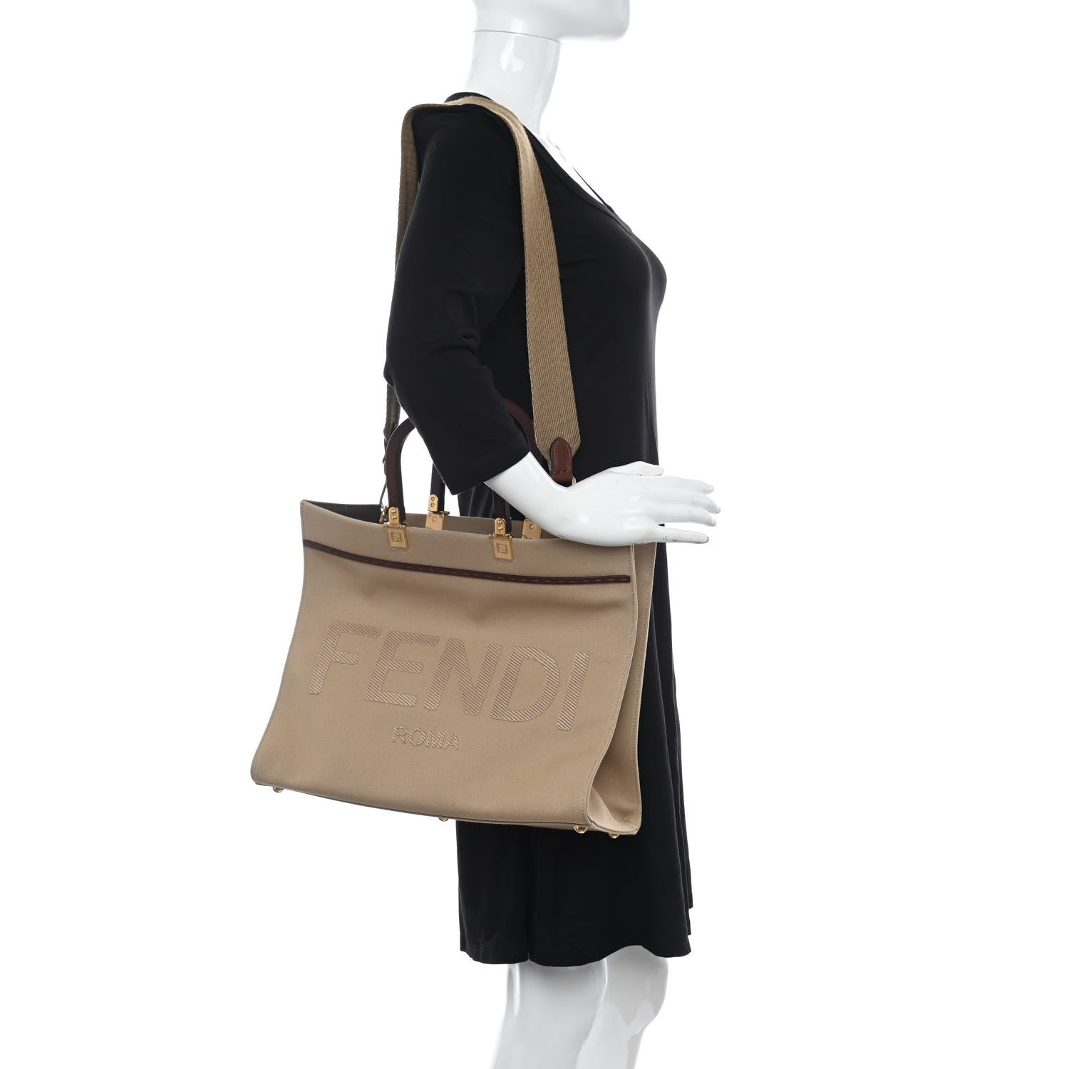 Fendi Canvas Vitello King Logo Embroidered Medium Fendi Sunshine Shopper Tote Sand Ghianda 2 of 8