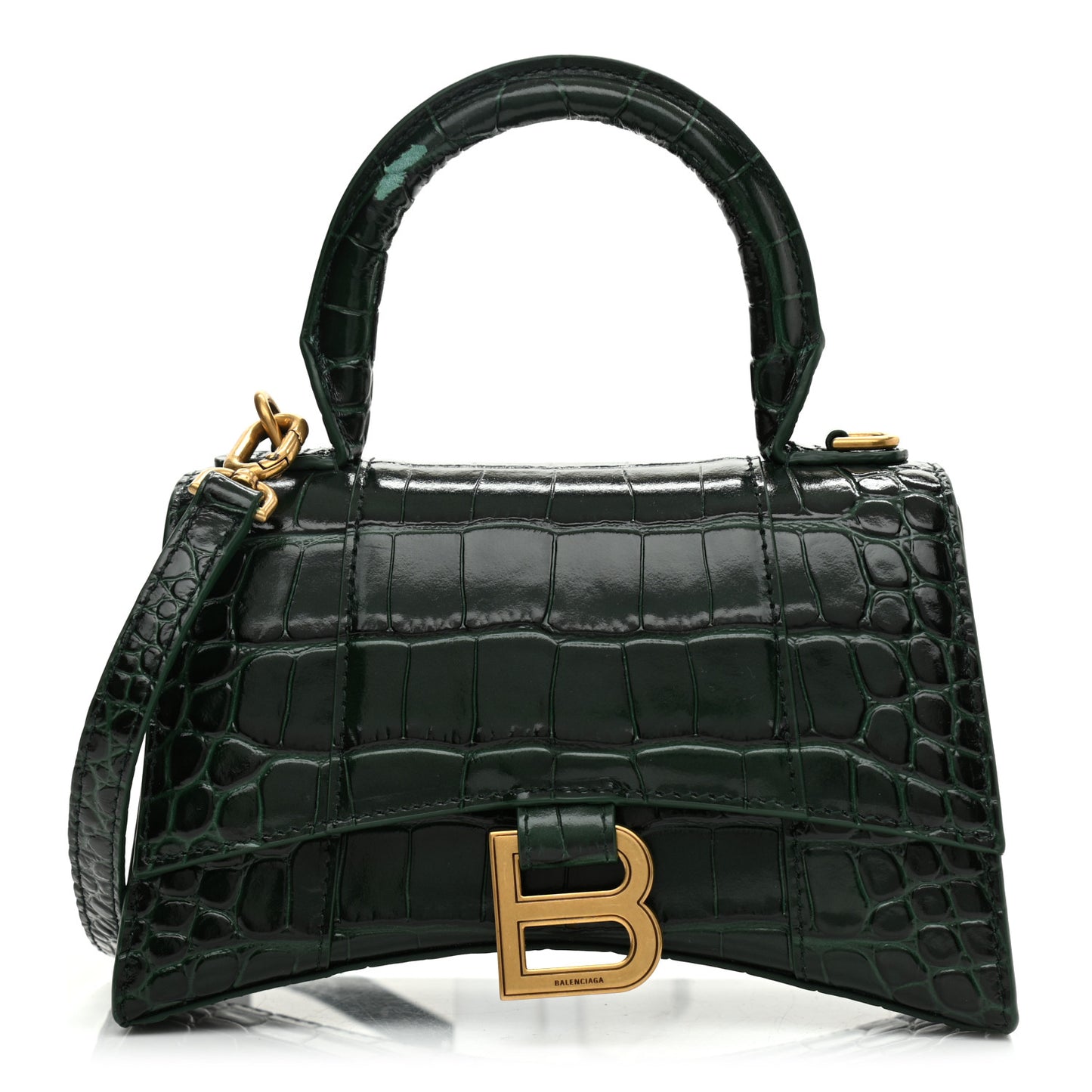 Shiny Calfskin Crocodile Embossed Hourglass Top Handle Bag XS Forest Green