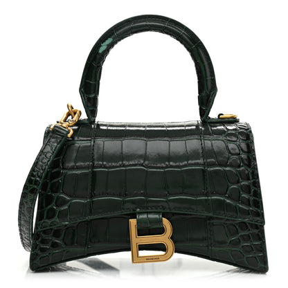 Balenciaga Shiny Calfskin Crocodile Embossed Hourglass Top Handle Bag XS Forest Green 1 of 14