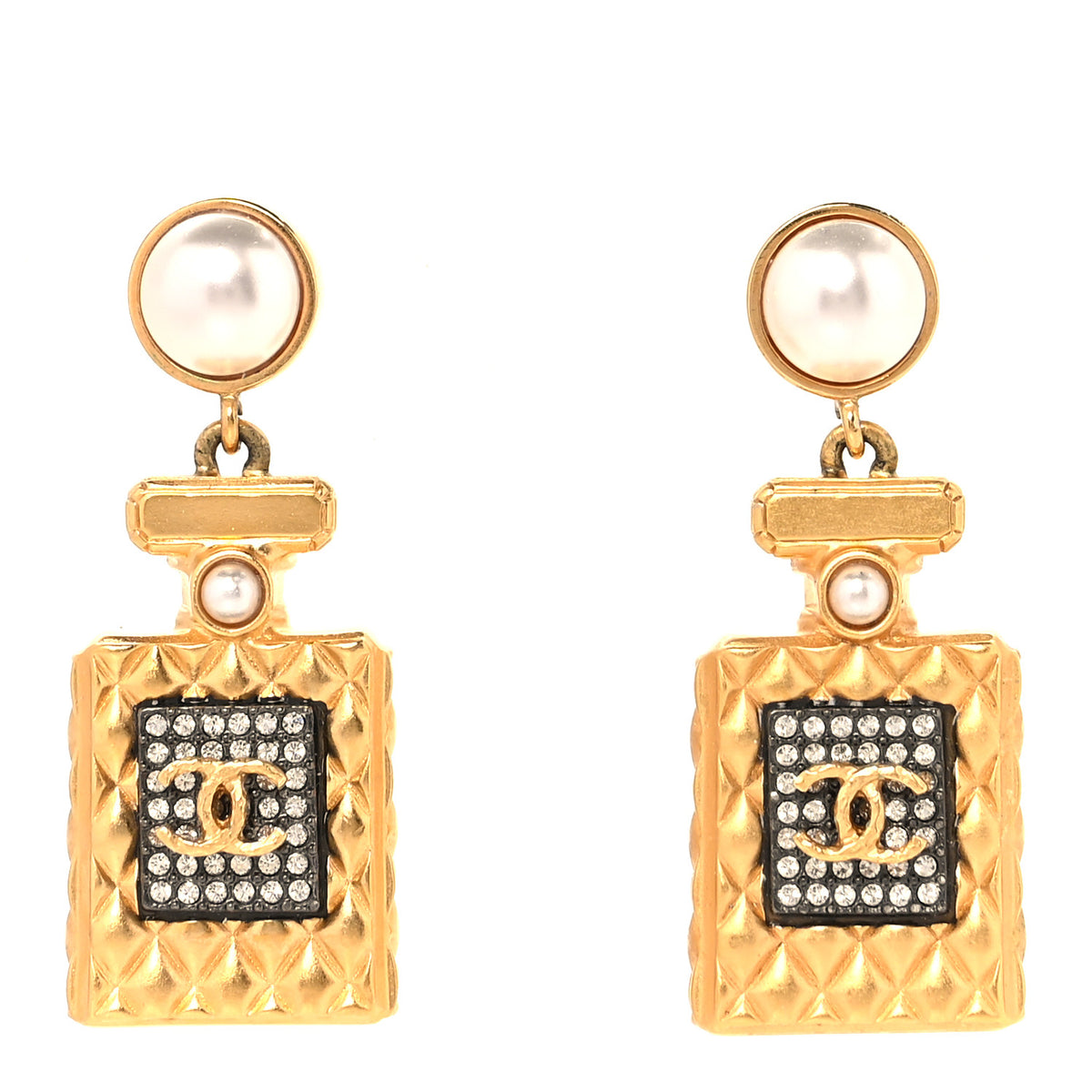 Crystal Pearl CC Perfume Bottle Drop Earrings Gold
