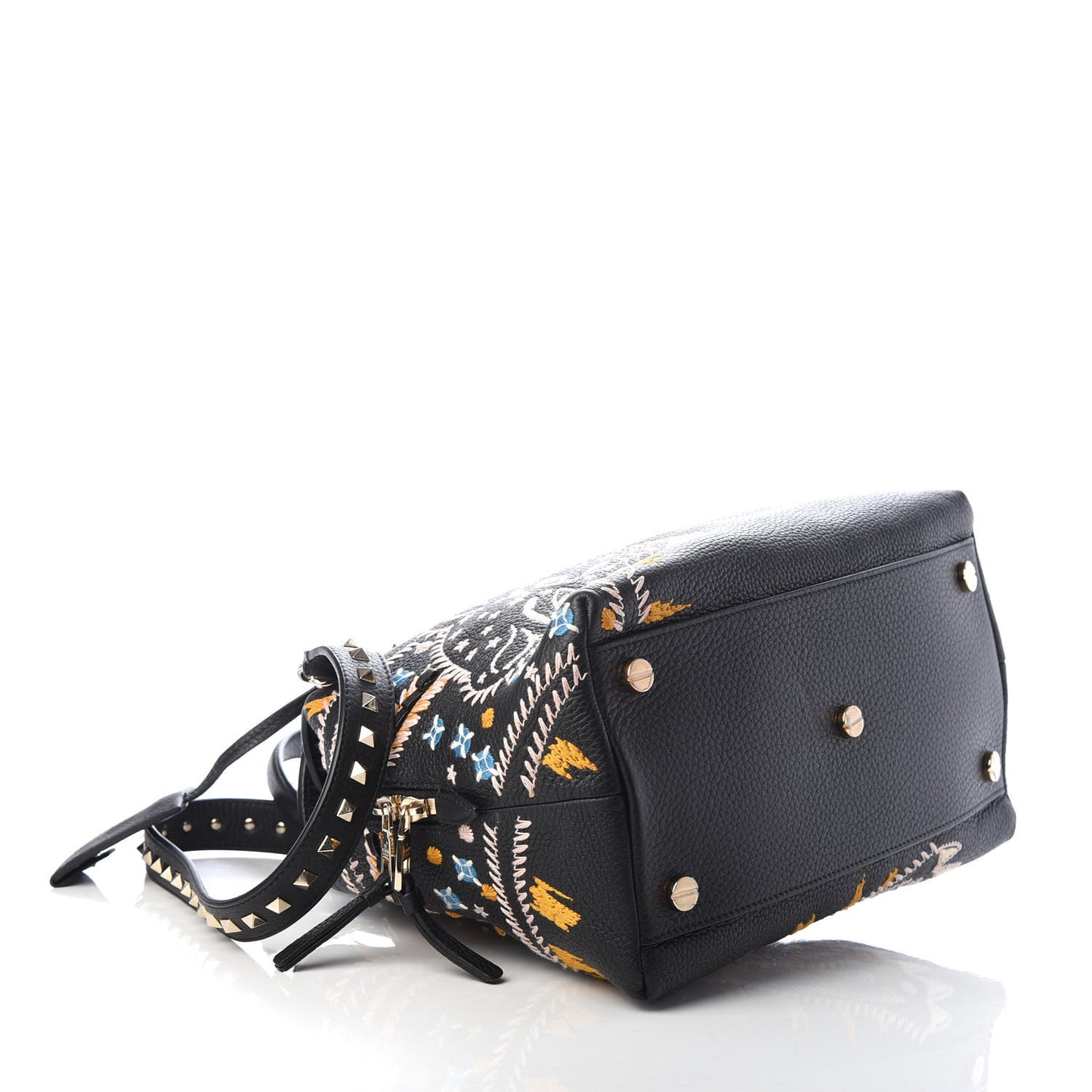 Calfskin Embroidered Rockstud Tote Black