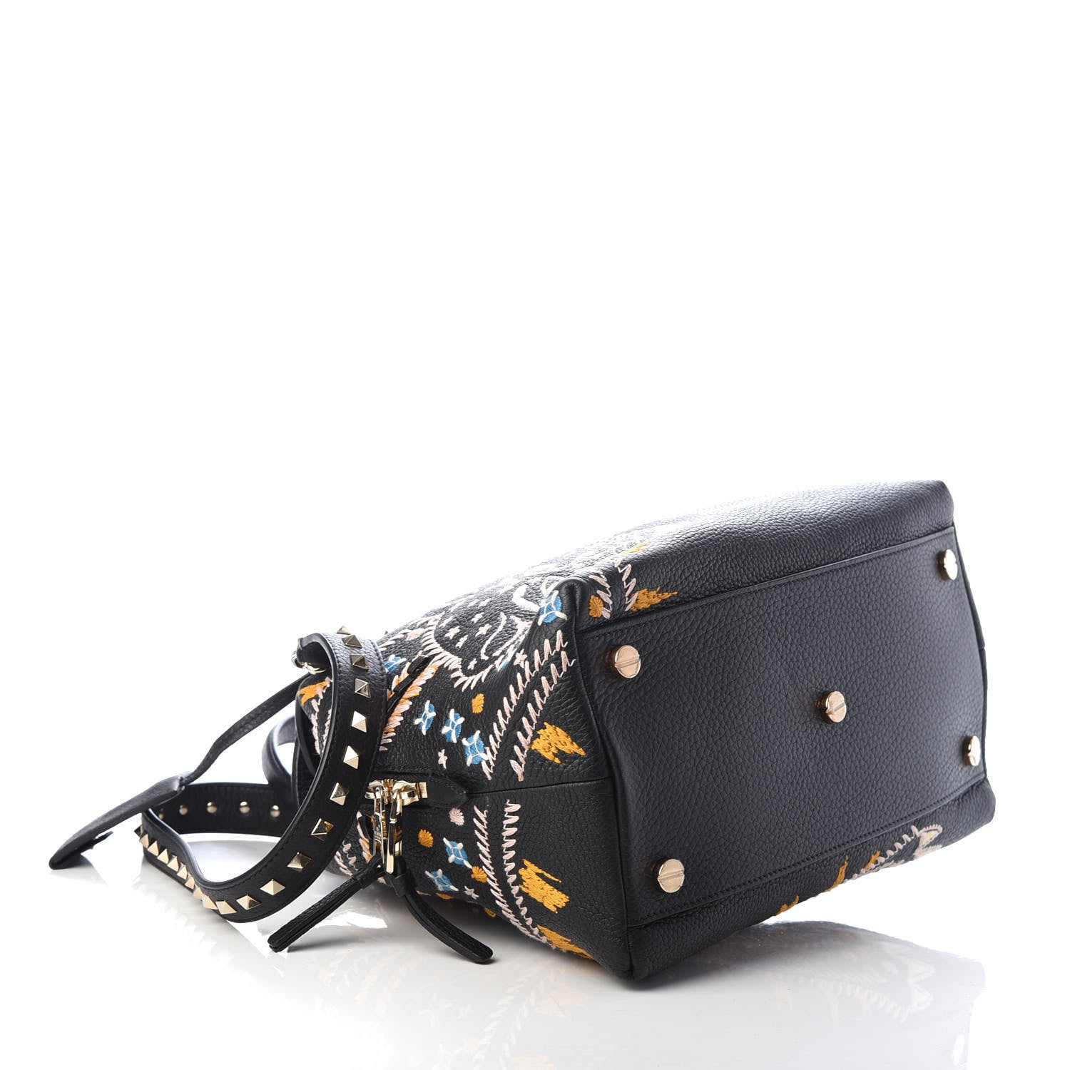 Valentino Garavani Calfskin Embroidered Rockstud Tote Black 4 of 9