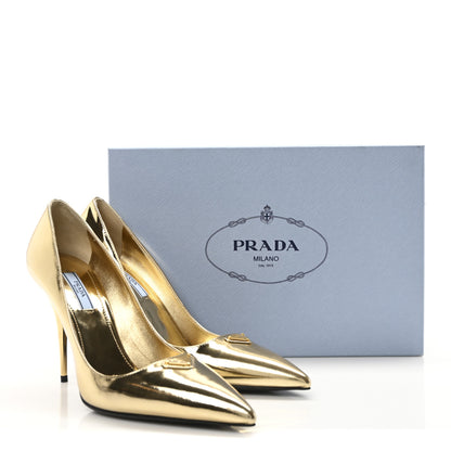 Prada Spazzolato Metal Triangle Logo Pointed Toe 85mm Pumps 38.5 Platino 9 of 9