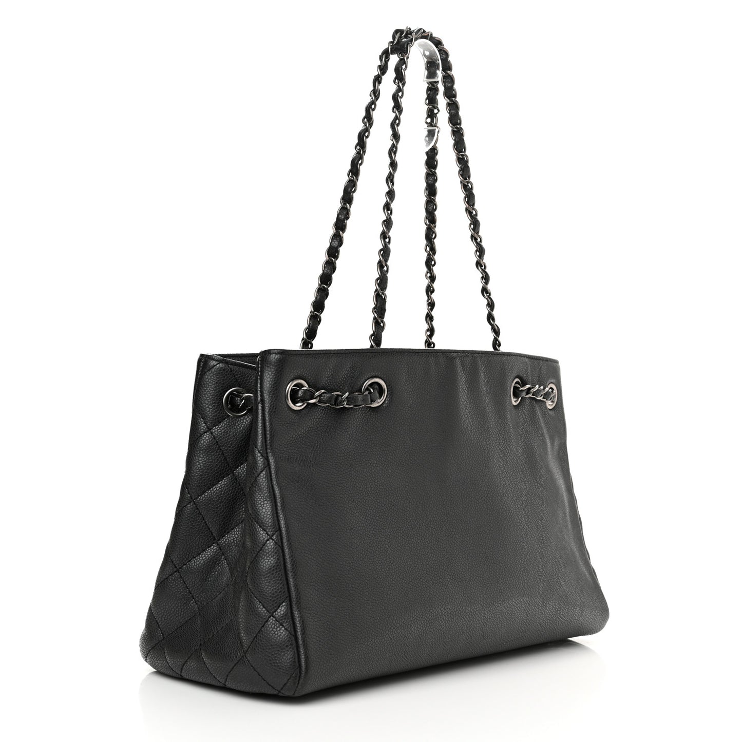 Metallic Grained Calfskin Medium Woven Chain Shopping Tote Black