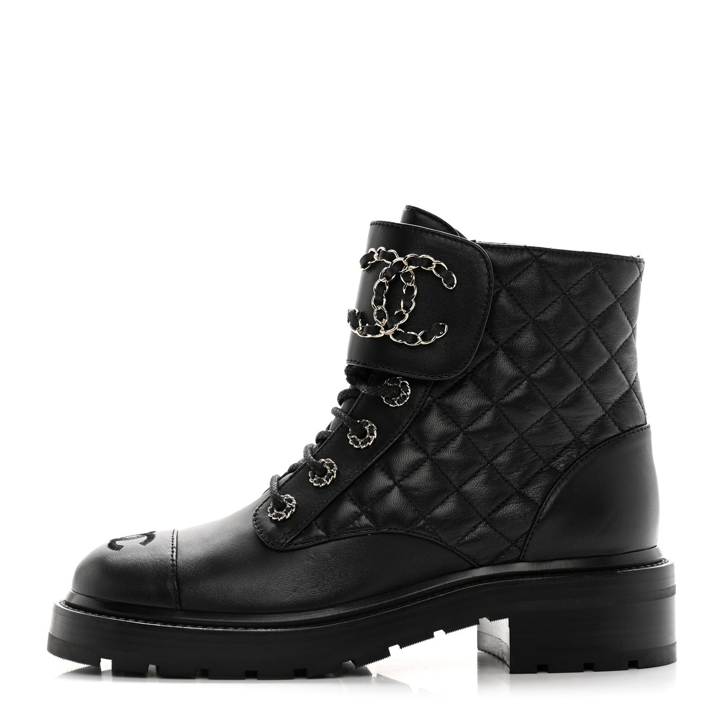 Shiny Goatskin Calfskin Quilted Lace Up Combat Boots 37.5 Black