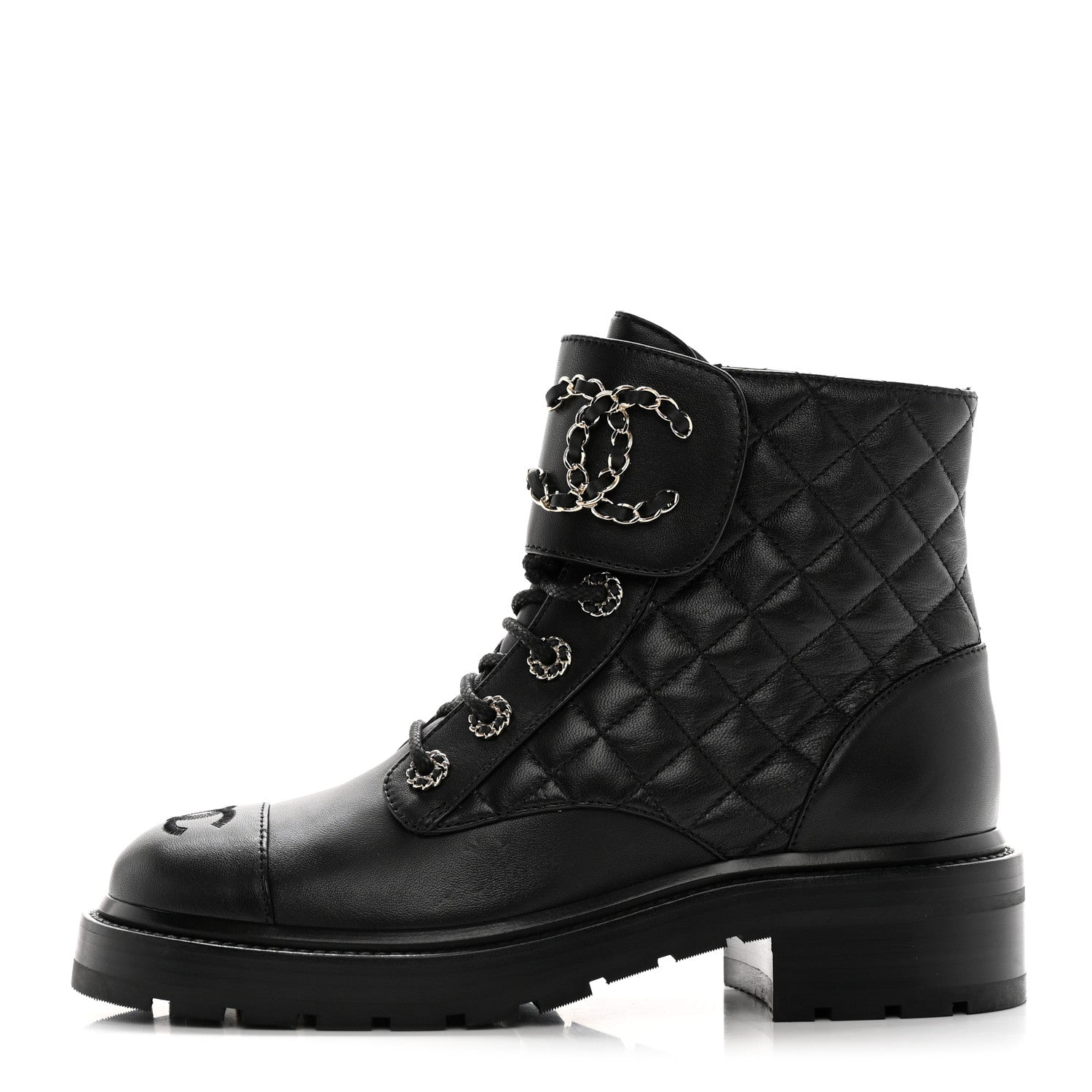 Chanel Shiny Goatskin Calfskin Quilted Lace Up Combat Boots 37.5 Black 1 of 13