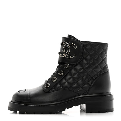 Chanel Shiny Goatskin Calfskin Quilted Lace Up Combat Boots 37.5 Black 1 of 13