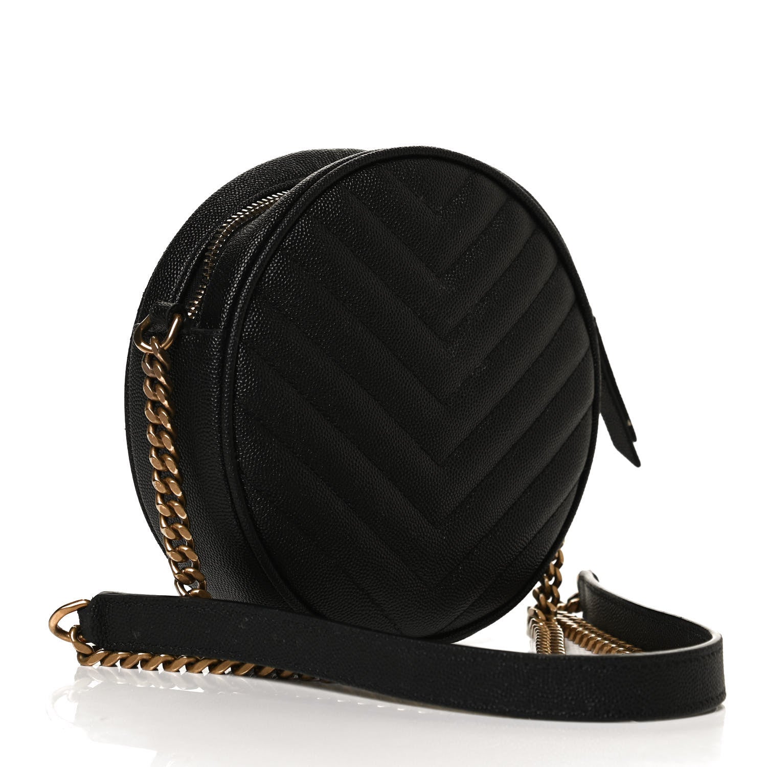Saint Laurent Grain De Poudre Matelasse Chevron Quilted Round Vinyle Camera Bag Black 3 of 12