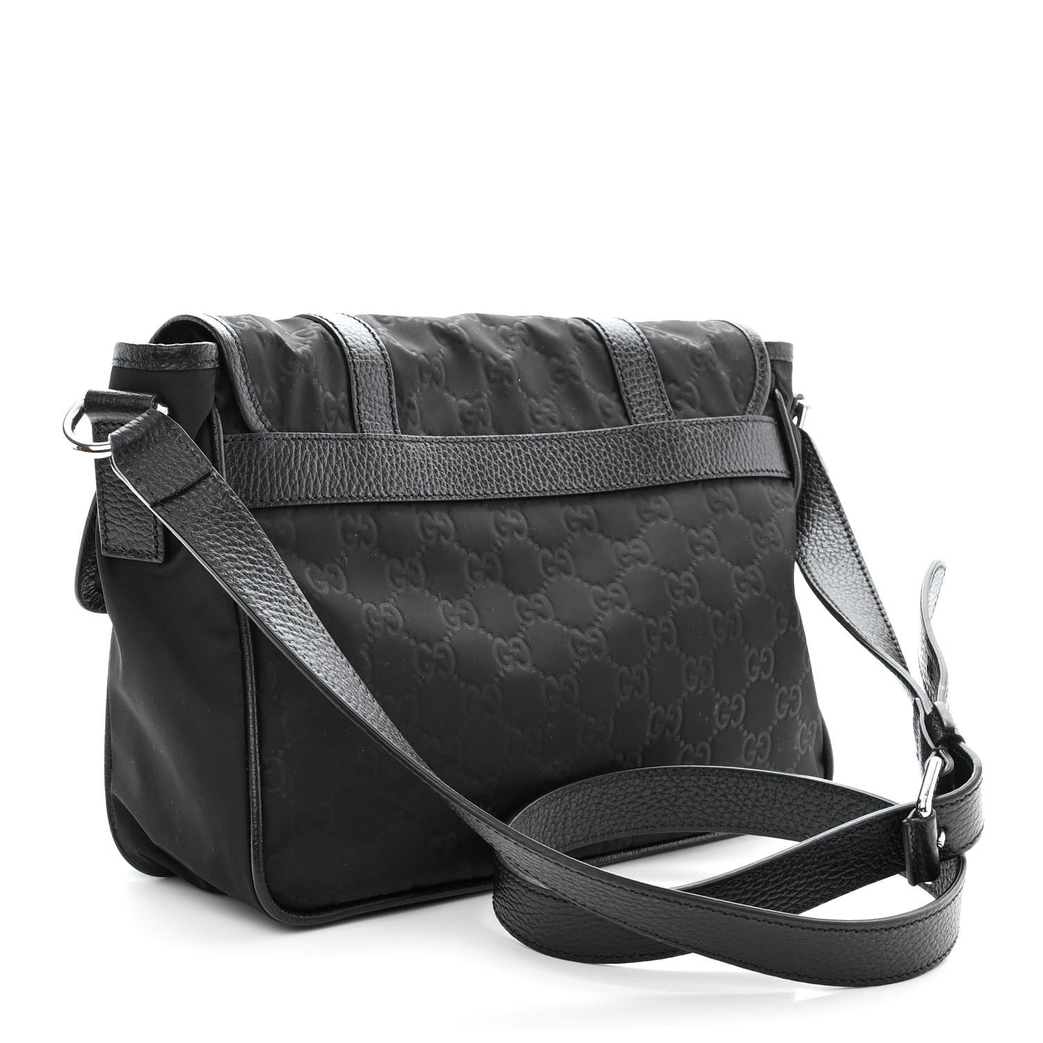Gucci Nylon Monogram Double Buckle Flap Messenger Bag Black 4 of 14