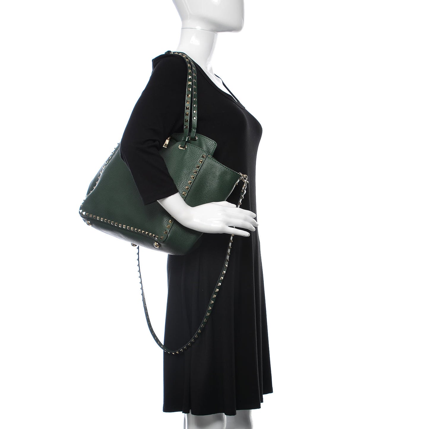 Pebbled Calfskin Medium Rockstud Tote Dark Green