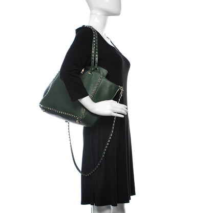 Valentino Garavani Pebbled Calfskin Medium Rockstud Tote Dark Green 3 of 13