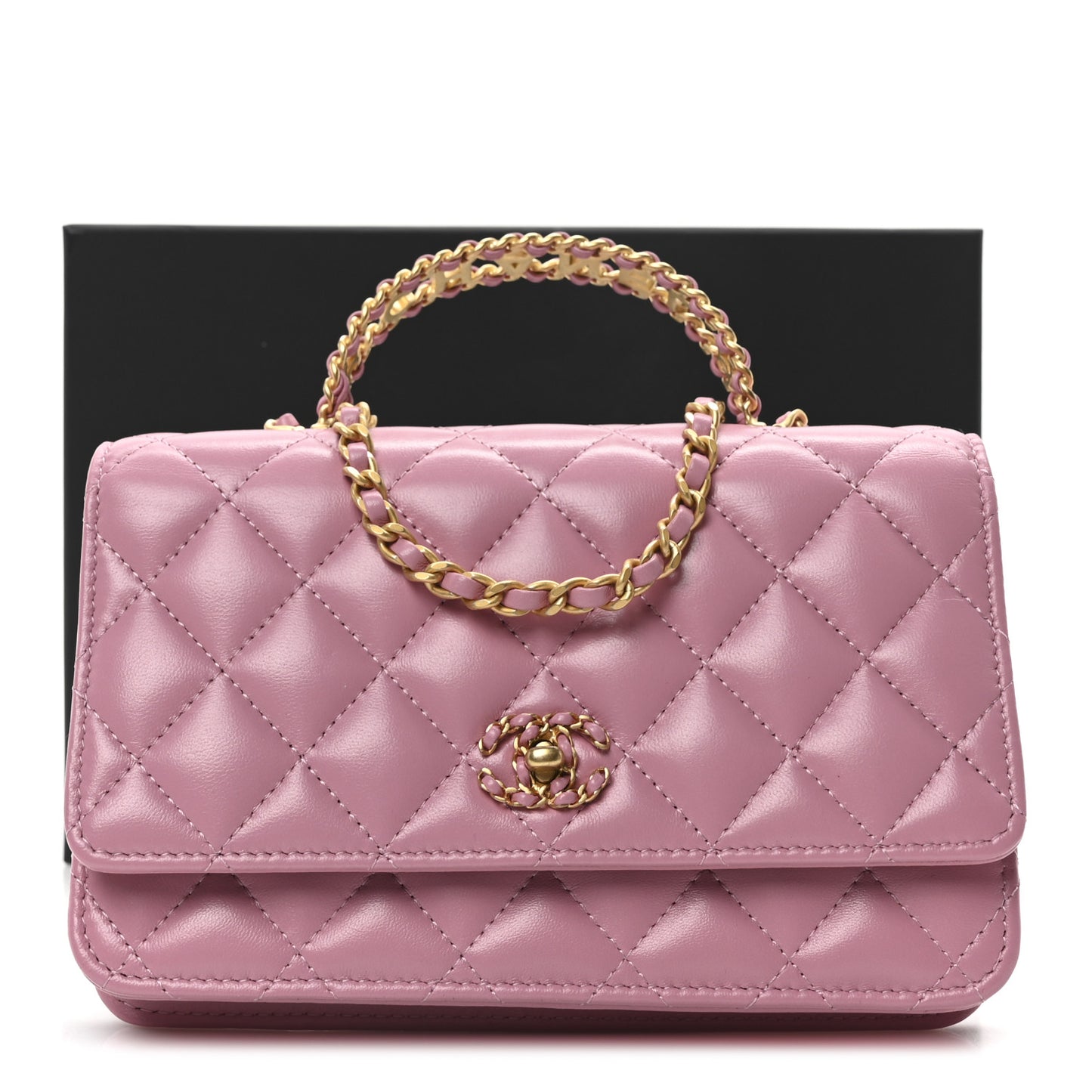 Lambskin Quilted Strass On Top Wallet On Chain Pink