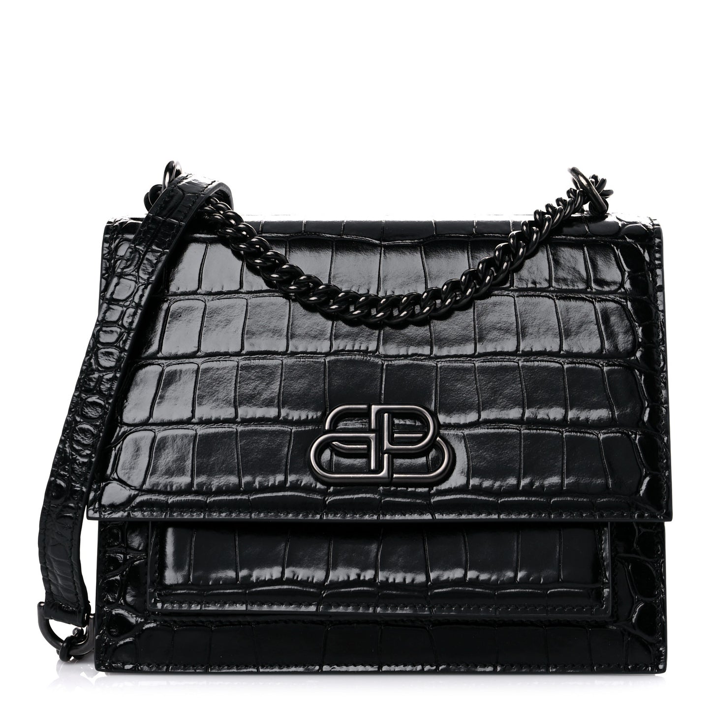 Shiny Calfskin Monochrome Crocodile Embossed S Sharp Chain Shoulder Bag Black