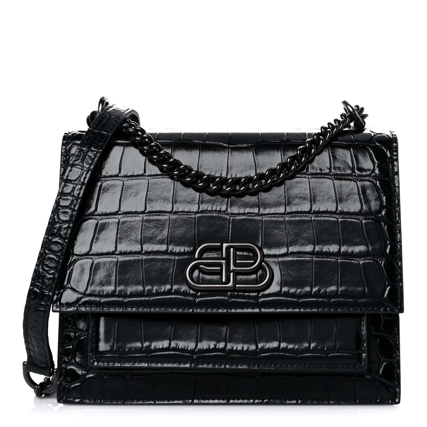 Balenciaga Shiny Calfskin Monochrome Crocodile Embossed S Sharp Chain Shoulder Bag Black 1 of 8