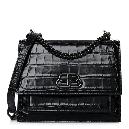 Balenciaga Shiny Calfskin Monochrome Crocodile Embossed S Sharp Chain Shoulder Bag Black 1 of 8