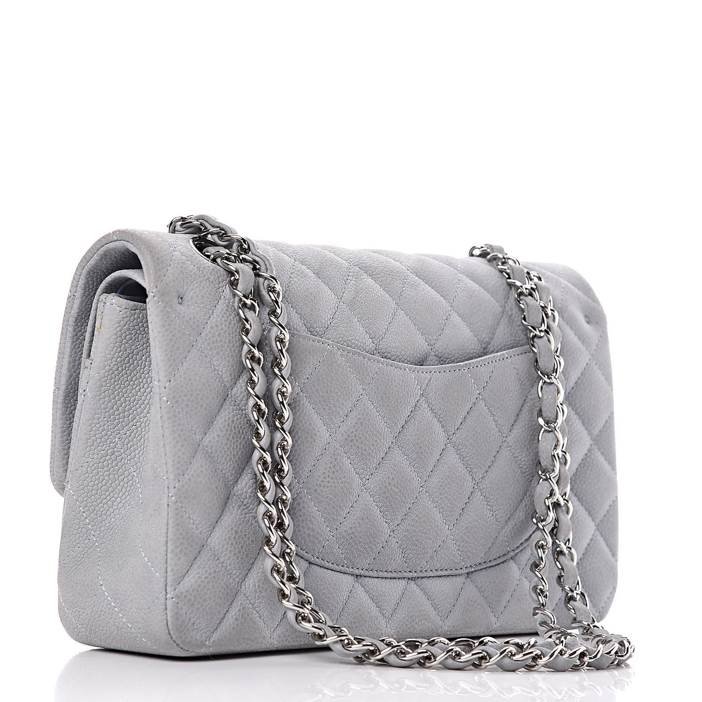 Iridescent Caviar Quilted Medium Double Flap Light Grey