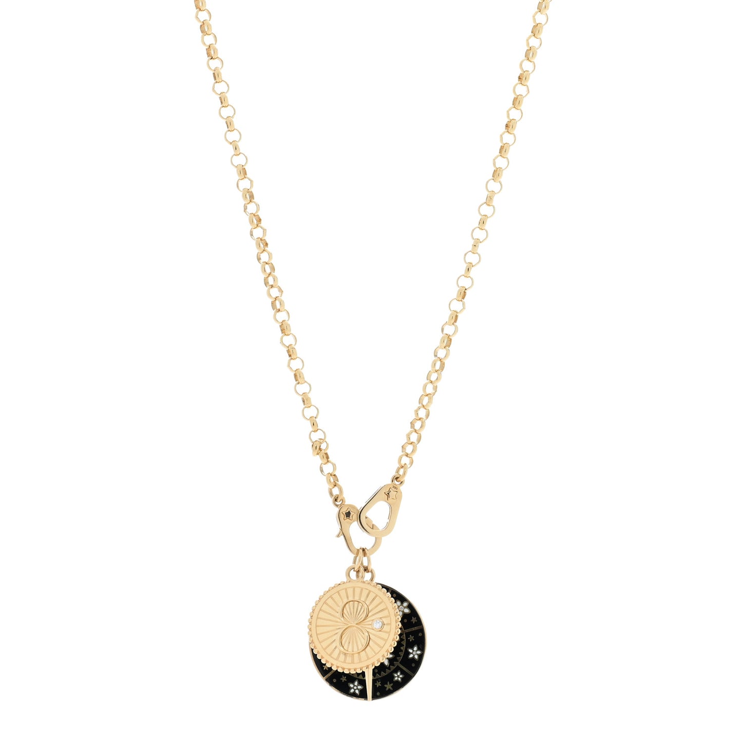 18K Yellow Gold Diamond Enamel Medium Belcher Sister Hook Chain Karma Resilience Medallion Necklace