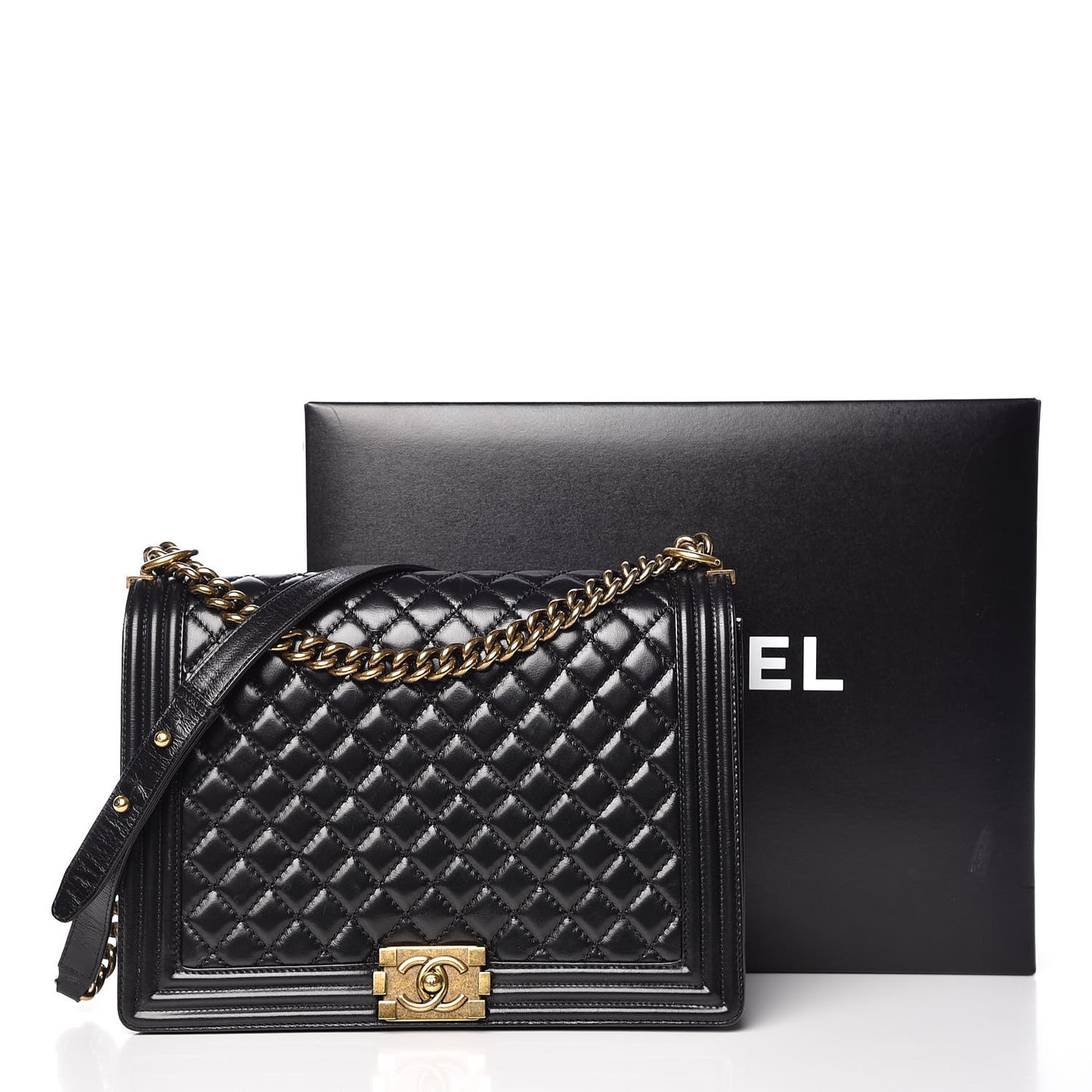 Glazed Calfskin Quilted Large Boy Flap Black