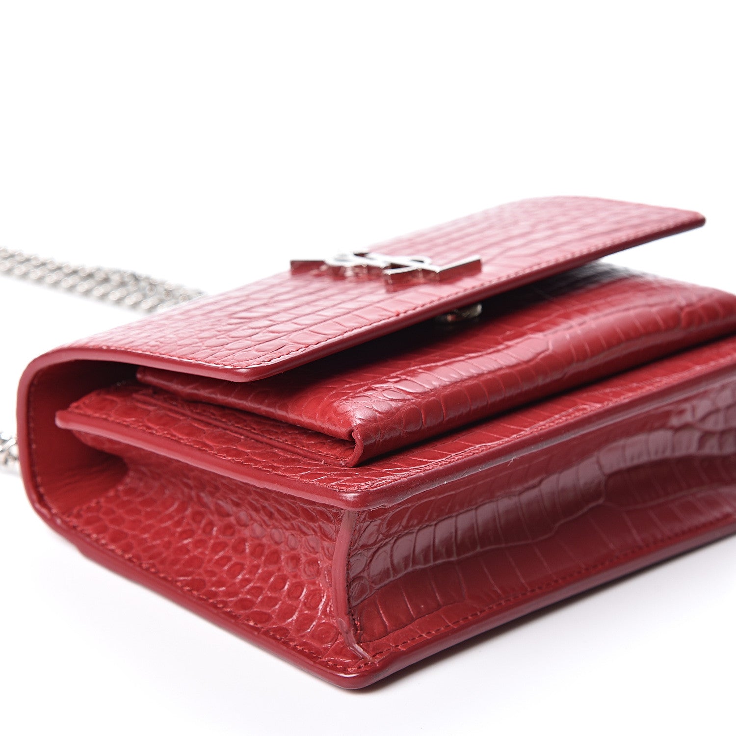 Saint Laurent Calfskin Crocodile Embossed Monogram Sunset Chain Wallet New Lipstick Red 4 of 8