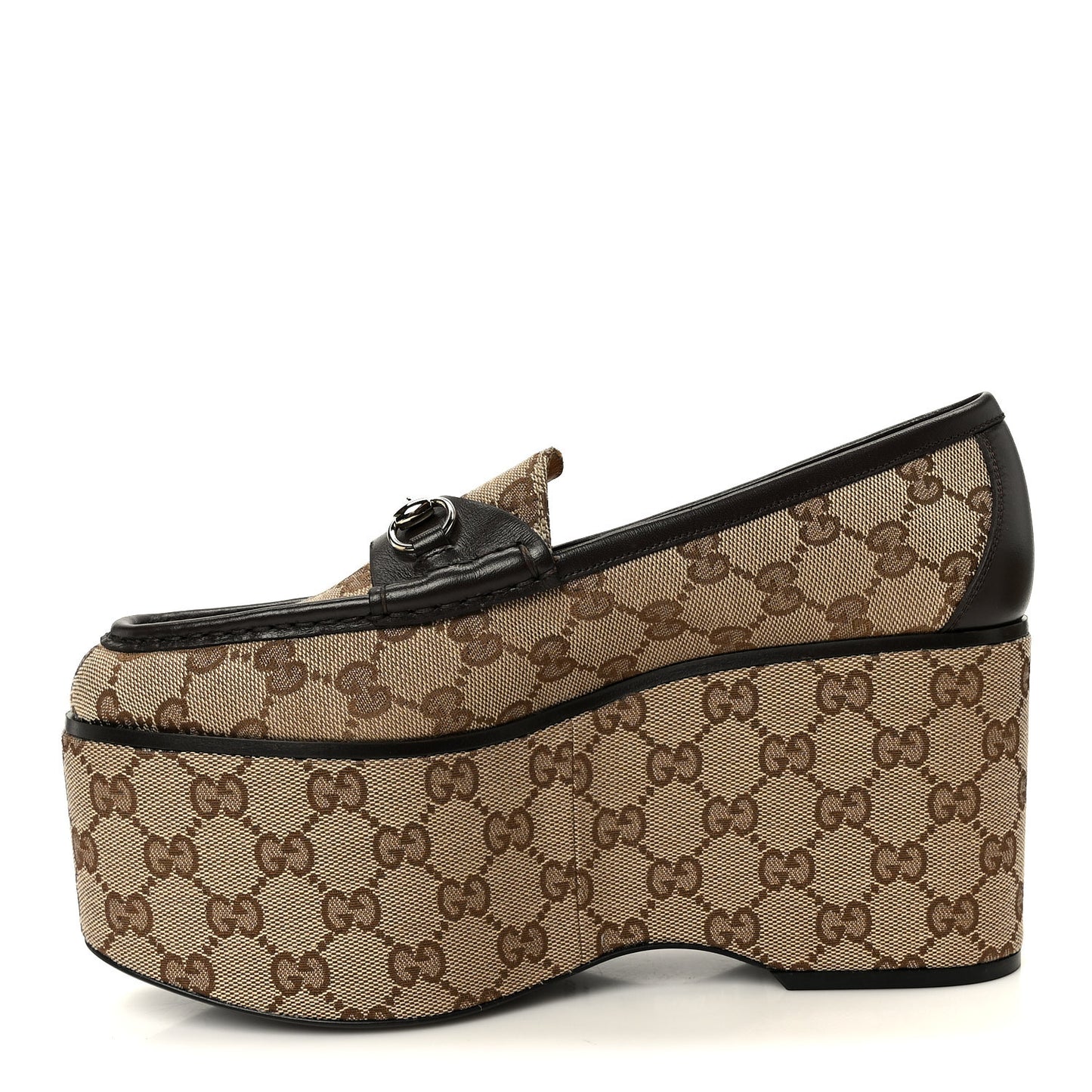 Canvas GG Monogram Horsebit Calfskin Womens Horsebit Platform Loafers 39.5 Beige Ebony Cocoa