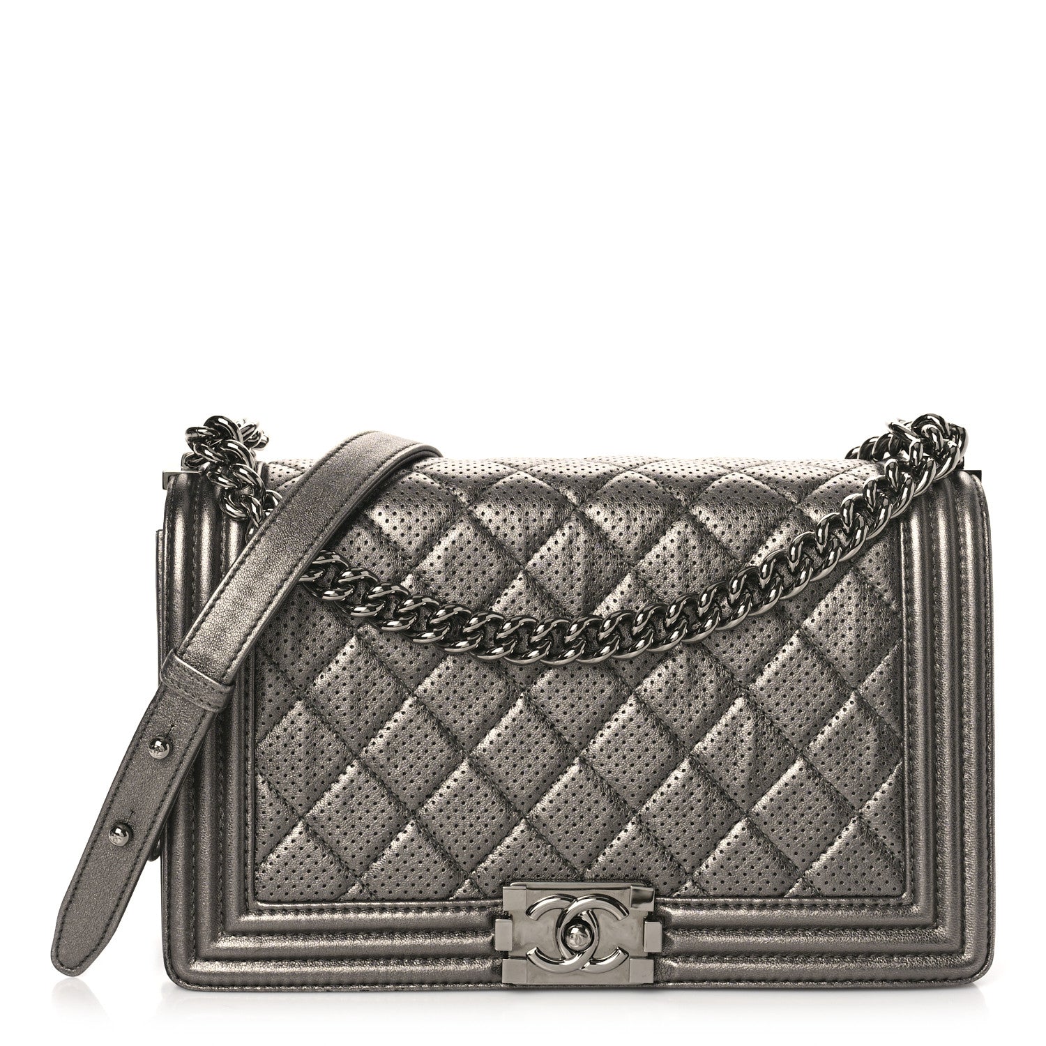Chanel Metallic Lambskin Perforated New Medium Boy Flap Dark Silver 1 of 12