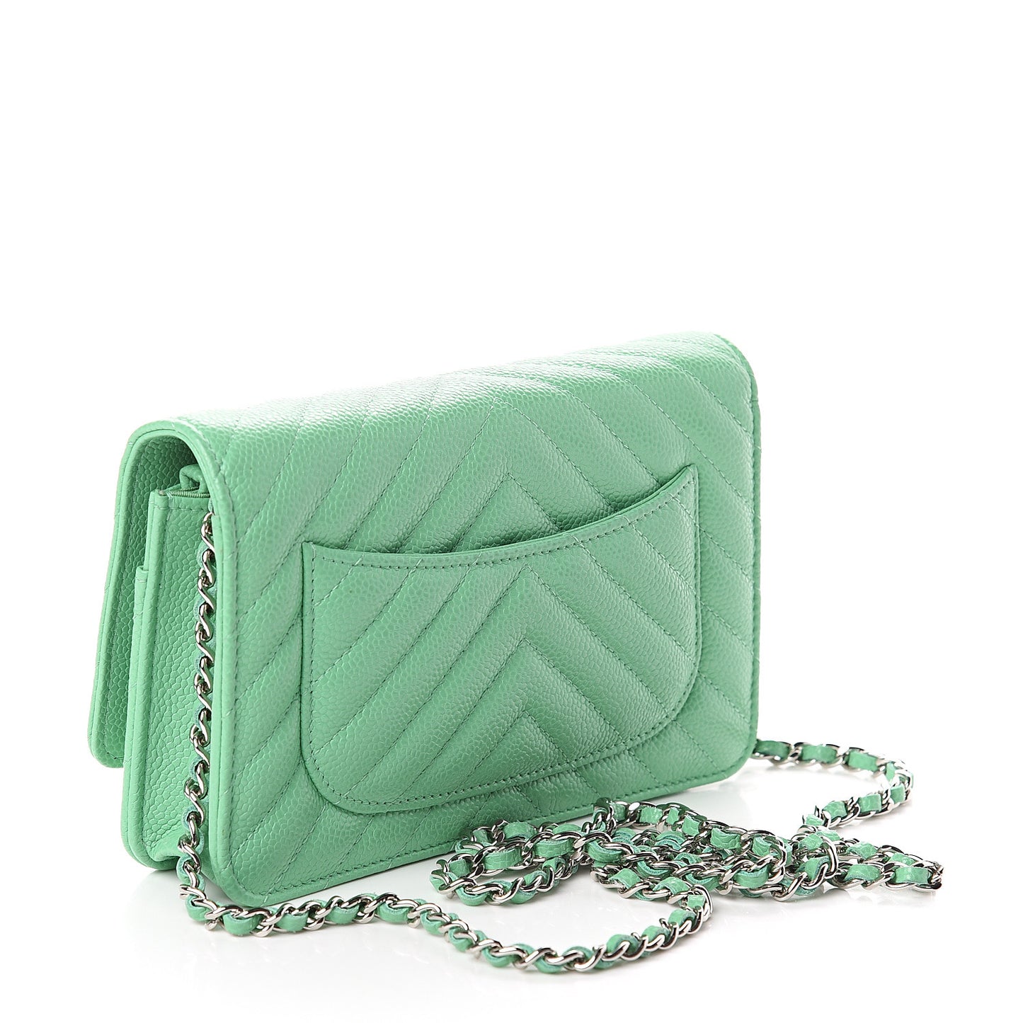Caviar Chevron Quilted Wallet On Chain WOC Green