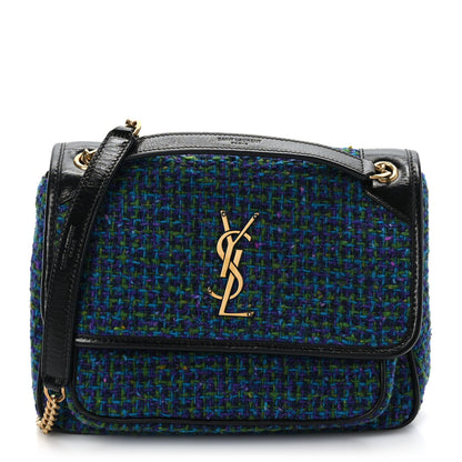 Saint Laurent Tweed Calfskin Matelasse Monogram Baby Niki Chain Satchel Blue 1 of 9