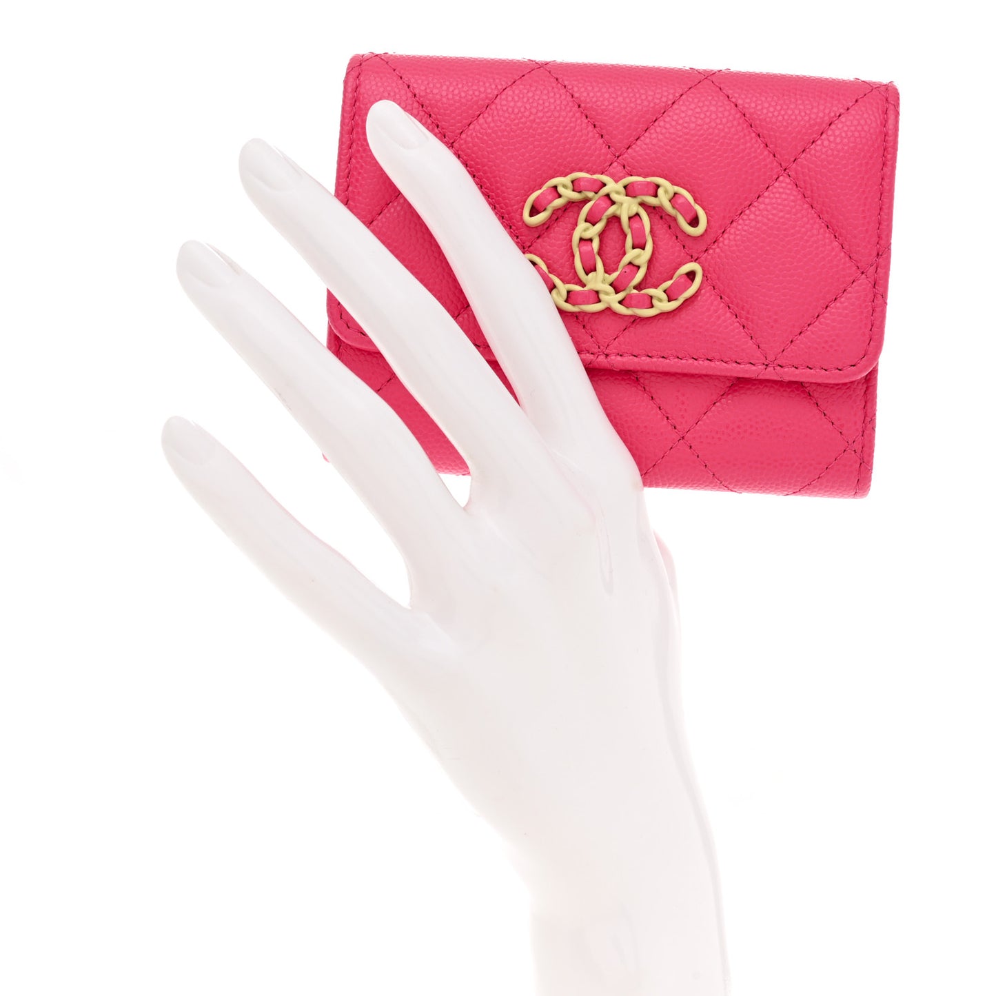 Caviar Quilted Chanel 19 Flap Card Holder Wallet Dark Pink