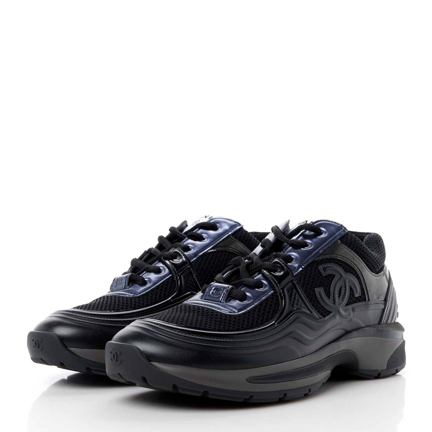 Chanel Fabric Laminated Calfskin Stretch CC Womens Sneakers 39.5 Black 3 of 9