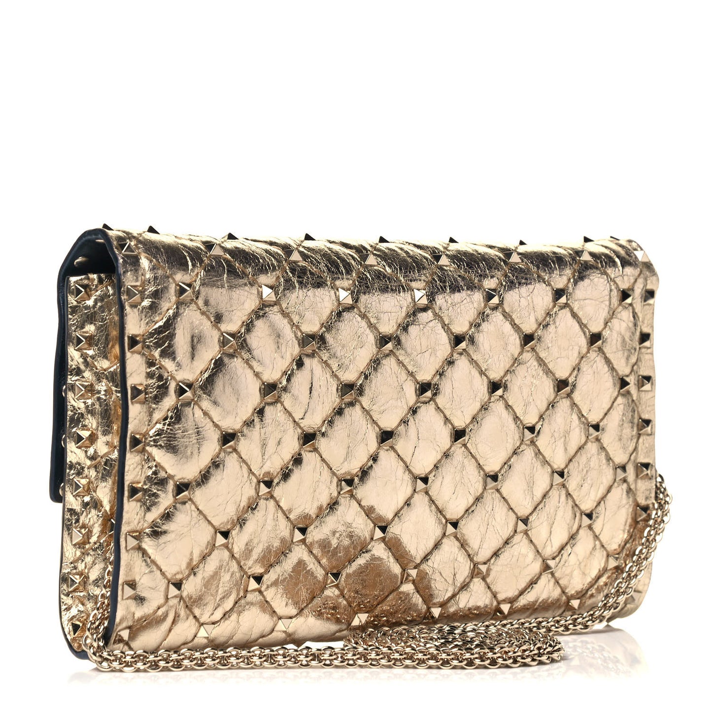 Metallic Wrinkled Lambskin Rockstud Spike Wallet on Chain Mekong