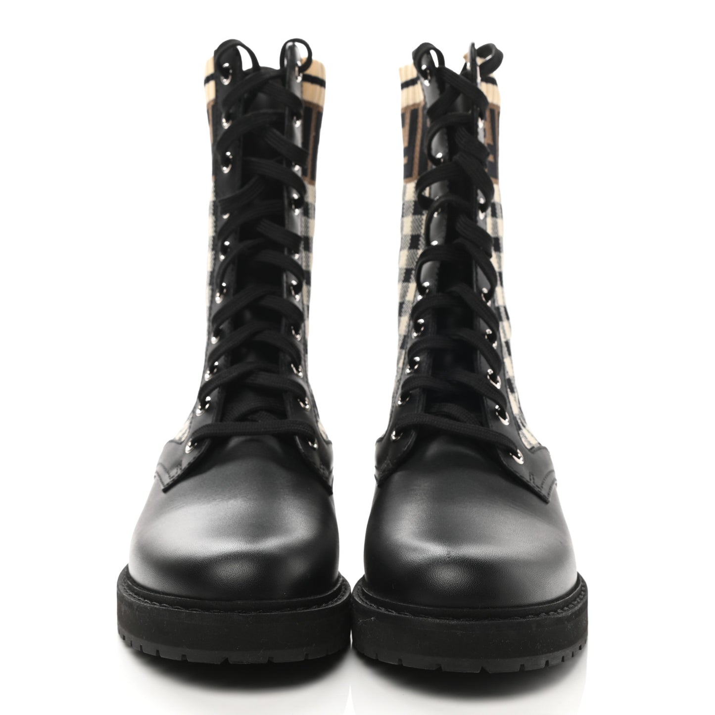 Vitello Stretch Fabric FF Vichy Rockoko Biker Boots 38 Black Crema Tobacco