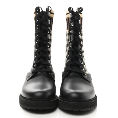 Fendi Vitello Stretch Fabric FF Vichy Rockoko Biker Boots 38 Black Crema Tobacco 2 of 7