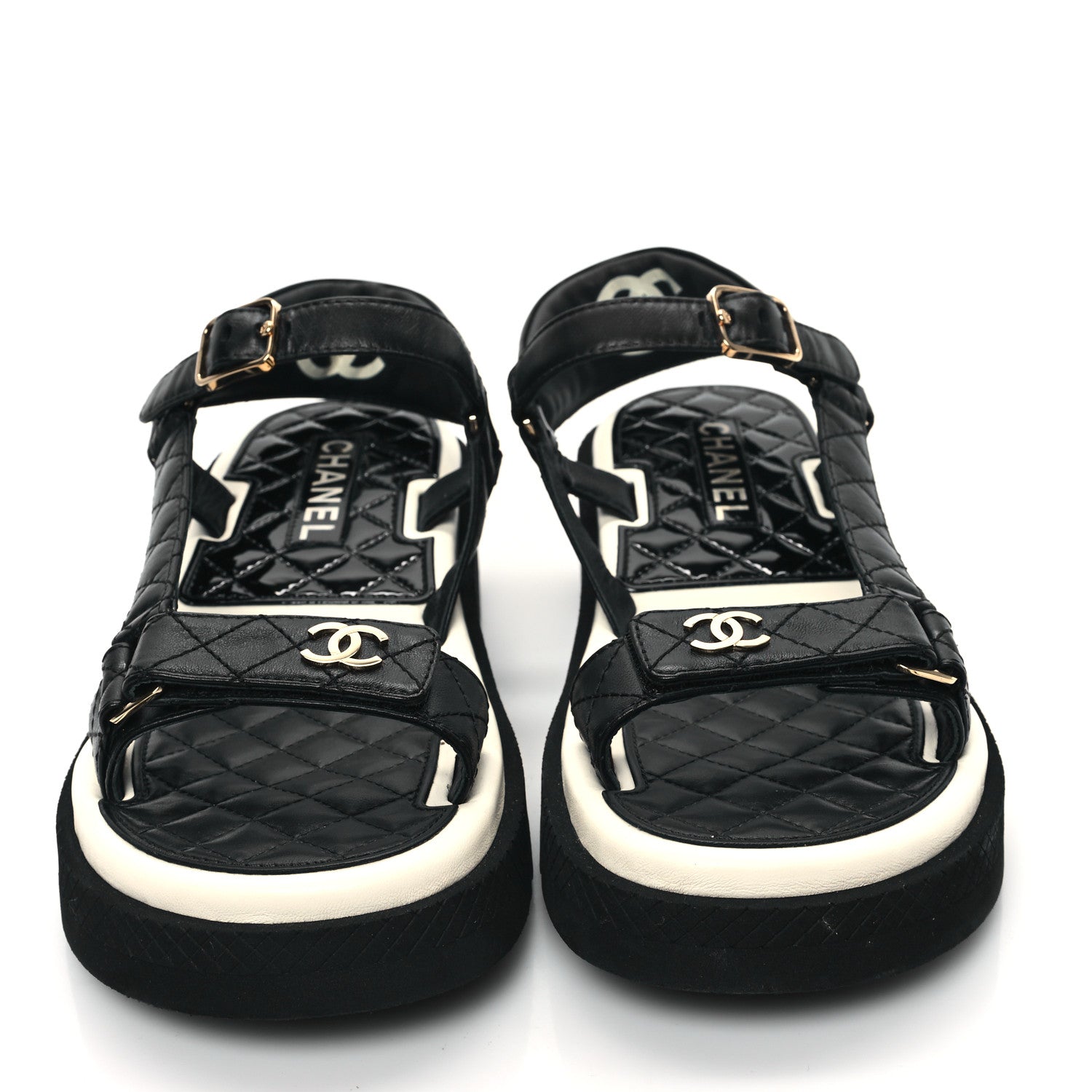 Chanel Lambskin Patent Logo Platform Sandals 41 Black White 2 of 9