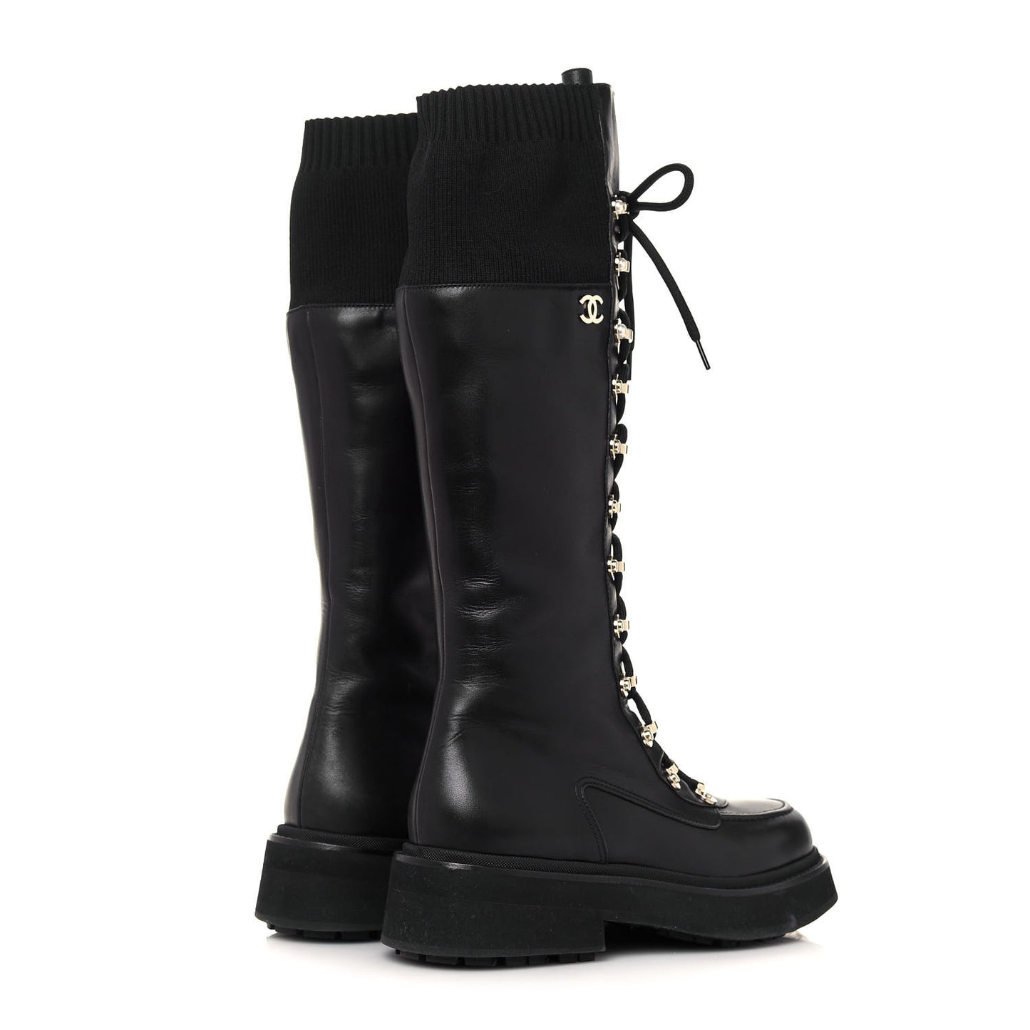 Calfskin Knit Lace Up Combat Boots 38 Black