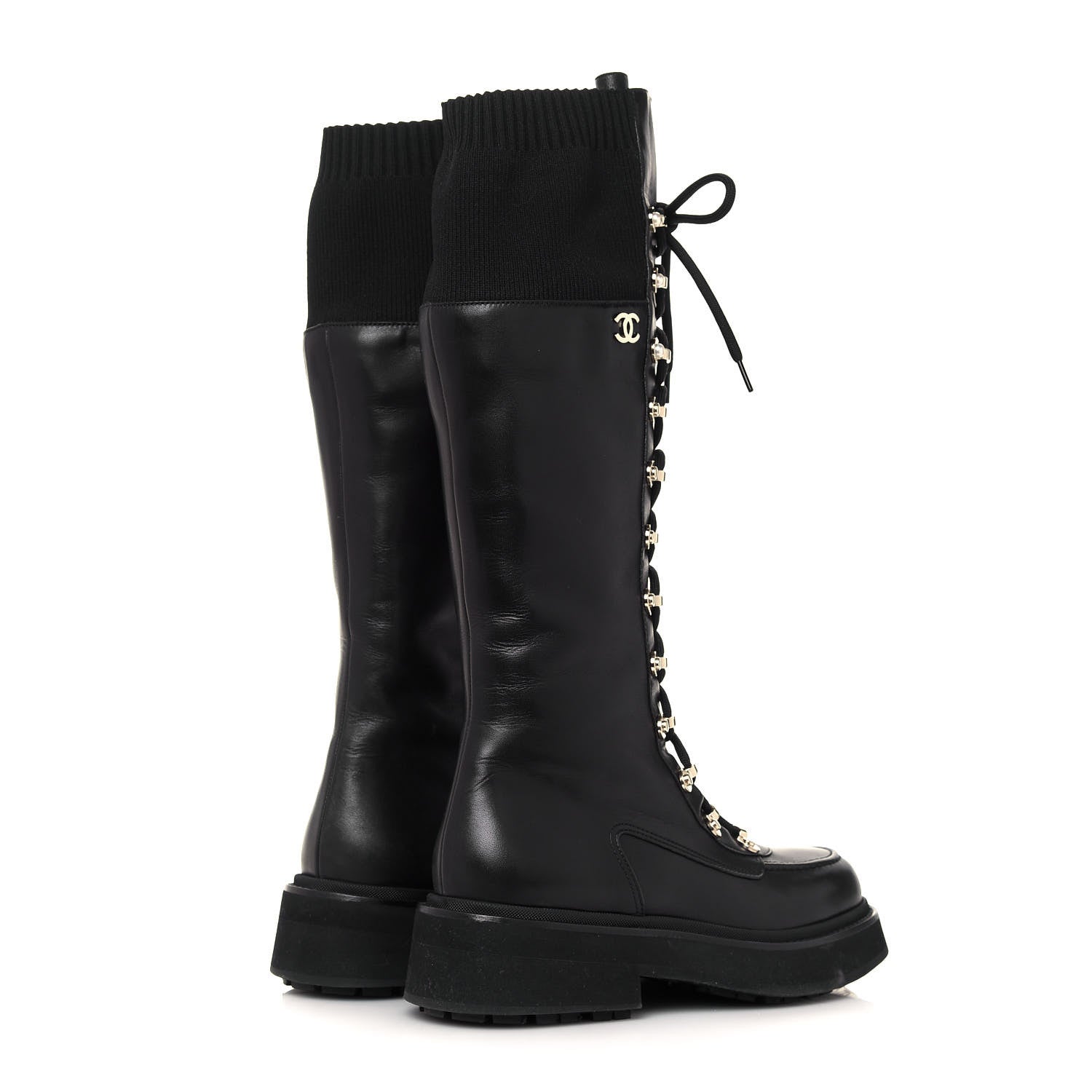 Chanel Calfskin Knit Lace Up Combat Boots 38 Black 4 of 8
