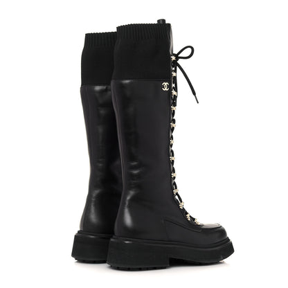 Chanel Calfskin Knit Lace Up Combat Boots 38 Black 4 of 8