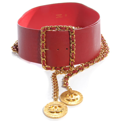Chanel Leather Gold Chain Medallion Wide Belt 70 Red 1 of 5